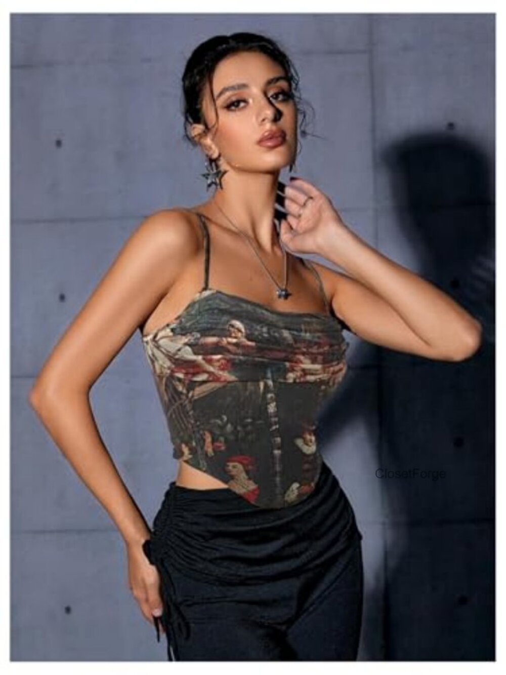 Graphic Ruffled Corset Cami Top Sleeveless Slim Fit Y2K Crop Top - Picture 3 of 6